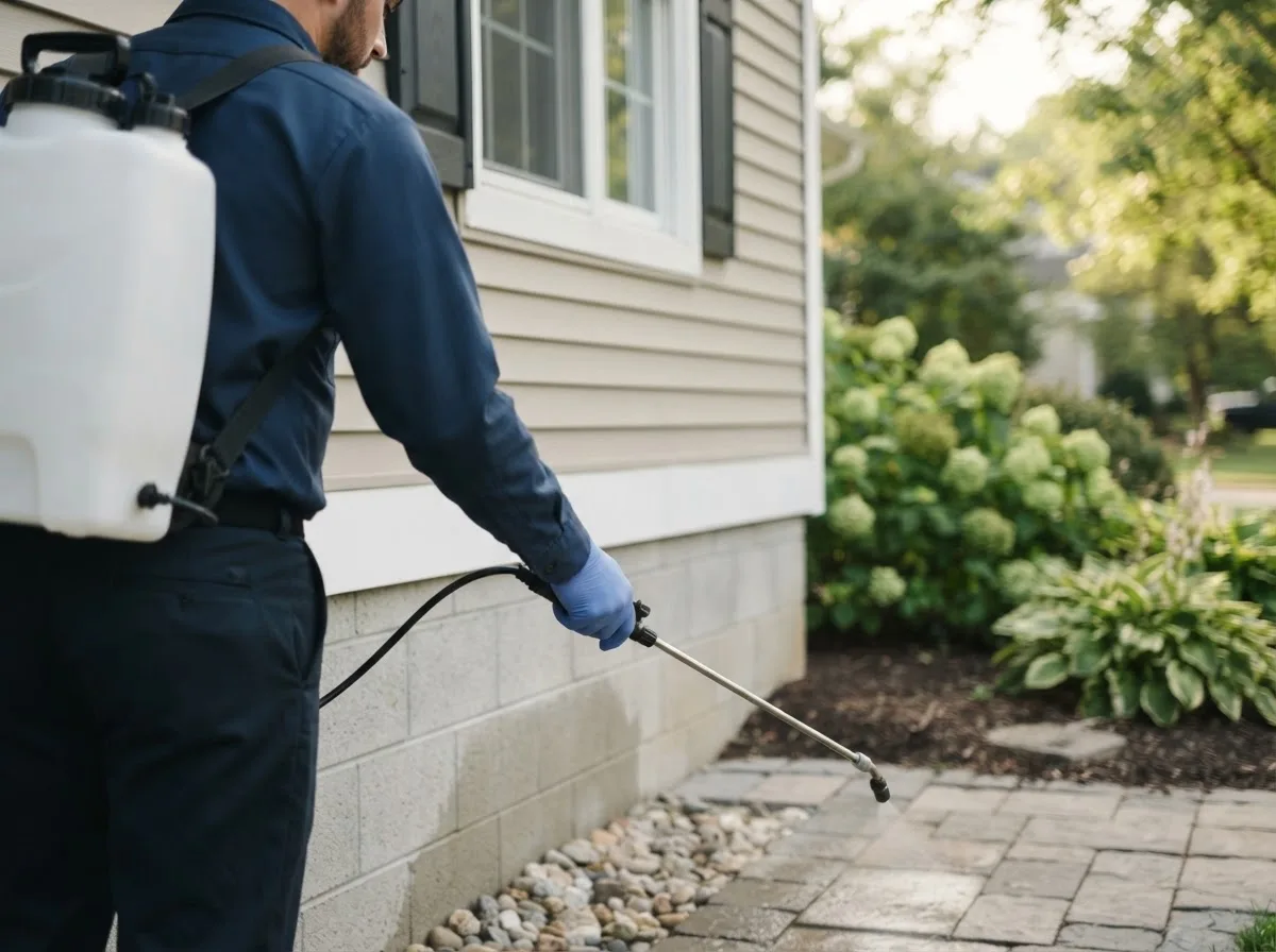 Pest control technician inspecting a home in Beallsville, PA